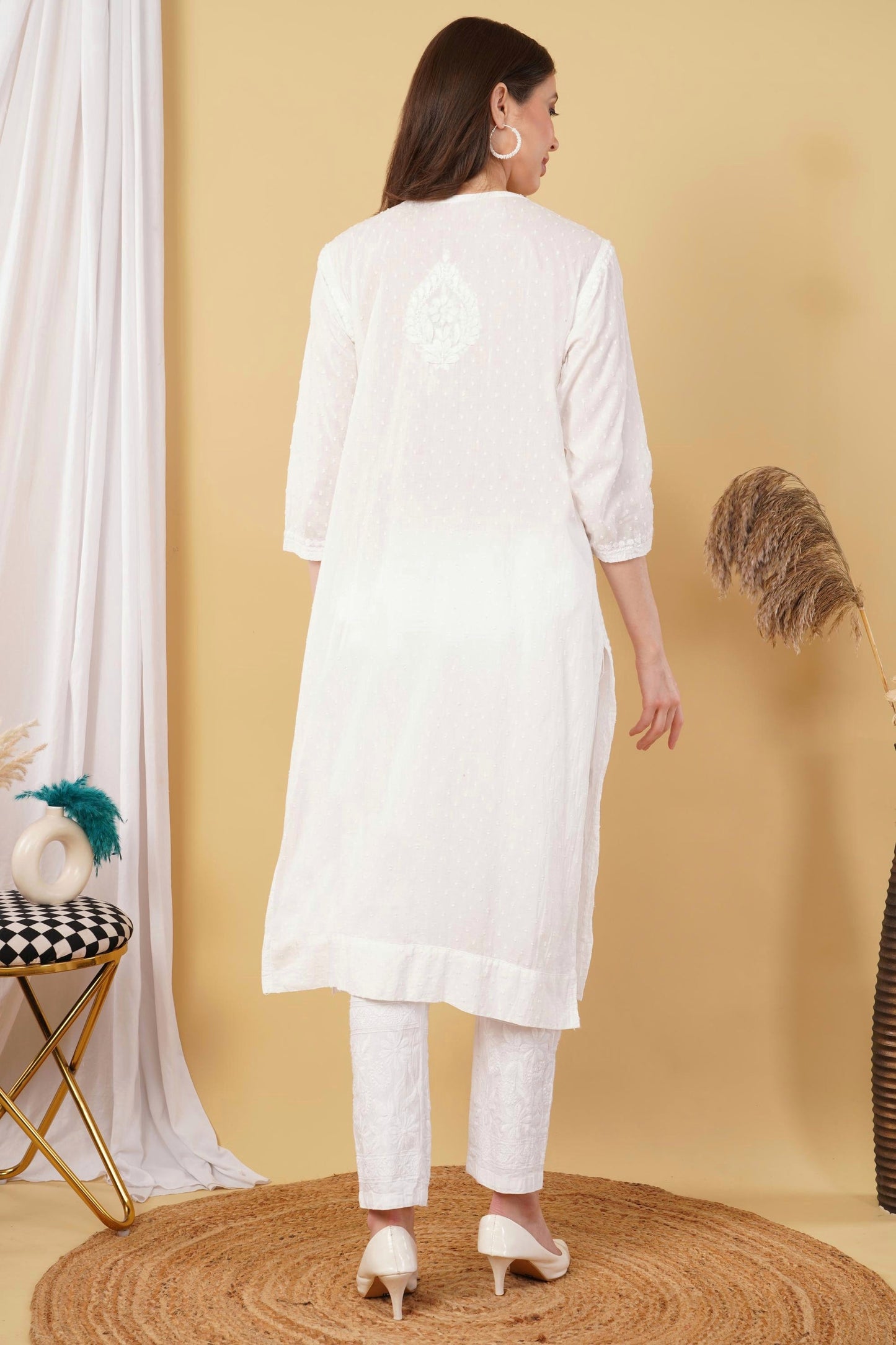 Cotton Dyed Chikankari Co-Ord Straight Kurta Wth Lycra Stretchable Trouser