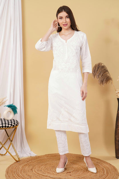 Cotton Dyed Chikankari Co-Ord Straight Kurta Wth Lycra Stretchable Trouser