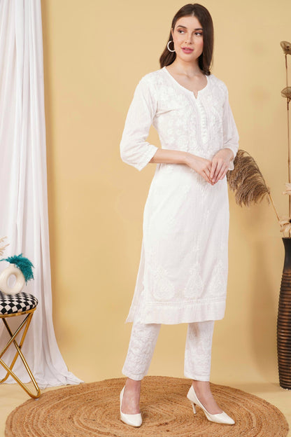 Cotton Dyed Chikankari Co-Ord Straight Kurta Wth Lycra Stretchable Trouser