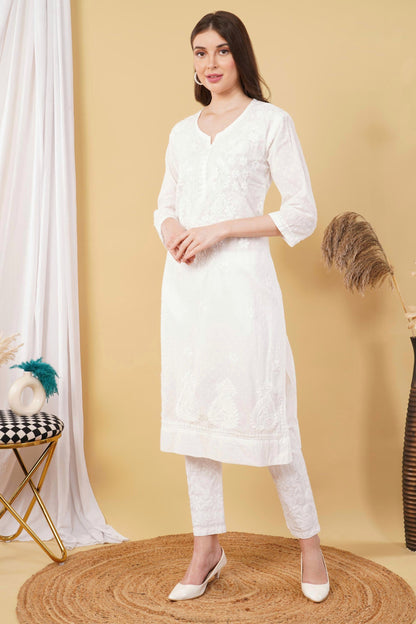 Cotton Dyed Chikankari Co-Ord Straight Kurta Wth Lycra Stretchable Trouser