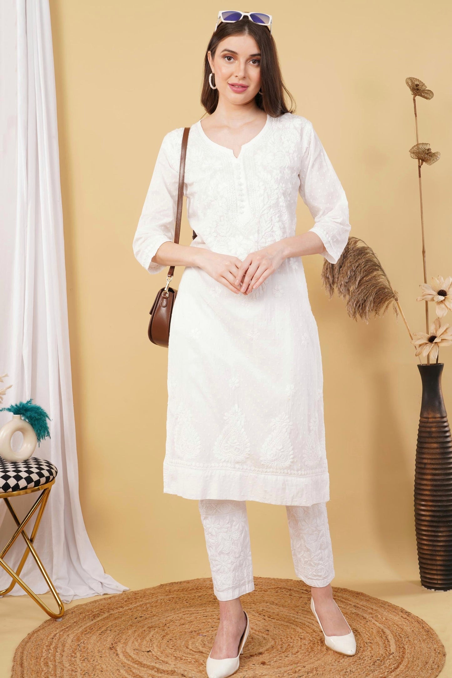 Cotton Dyed Chikankari Co-Ord Straight Kurta Wth Lycra Stretchable Trouser