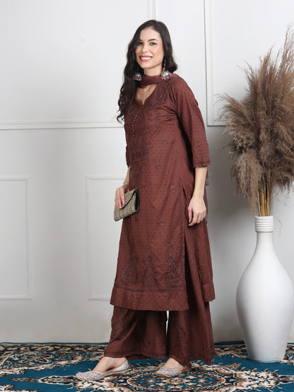 Cotton Dyed Chikankari Co-ord Set with Kurta,Palazzo & Dupatta