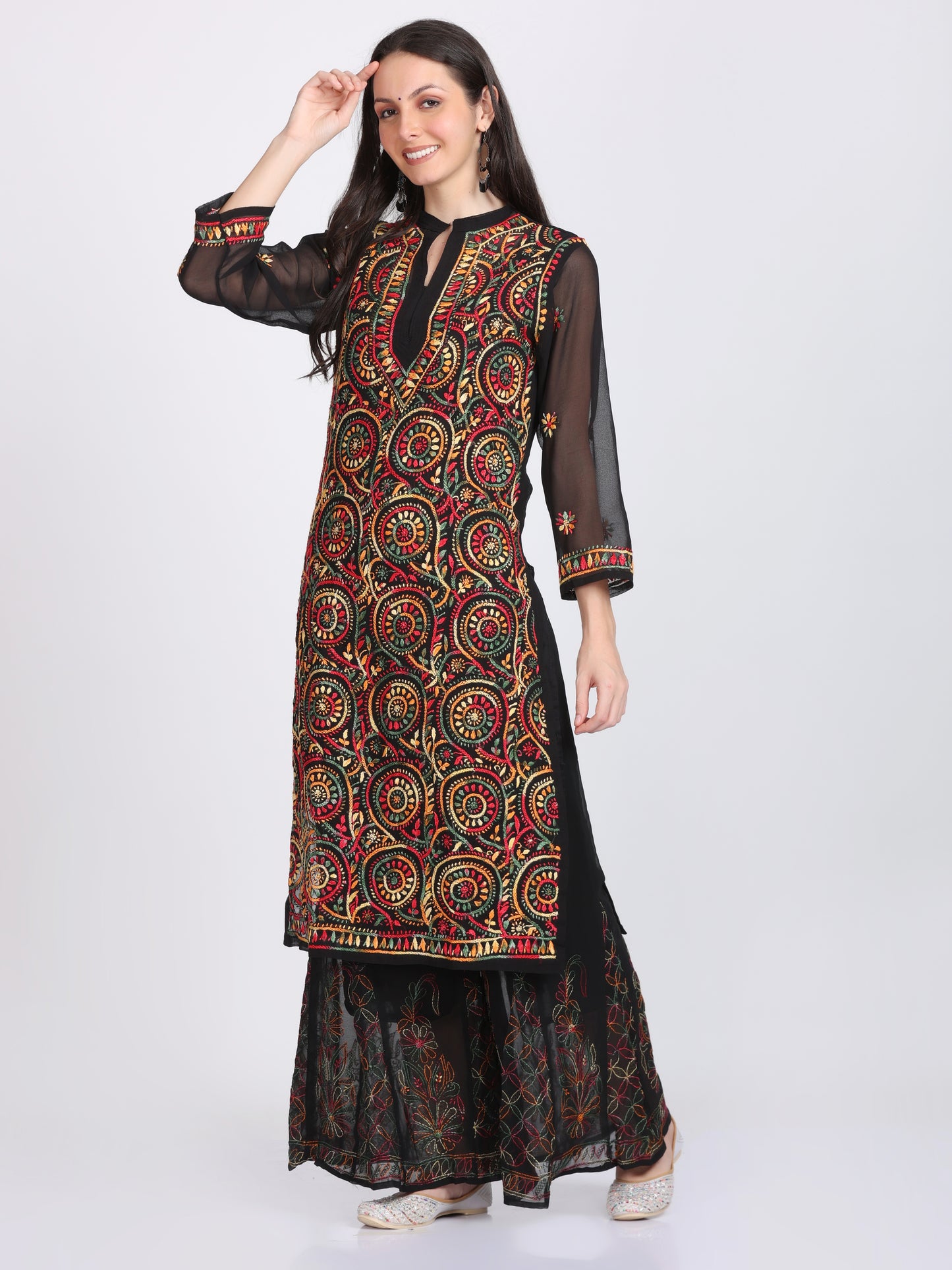 Lucknowi Chikankari Straight Kurta With Embroidered Stole & Matching Inner